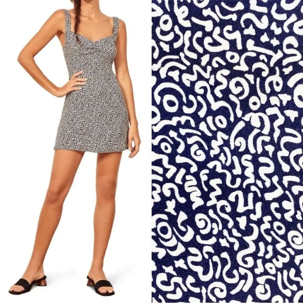 REFORMATION Navy Blue Doodle Print FAIRFAX Sweetheart Tank Mini Sun-Dress 12